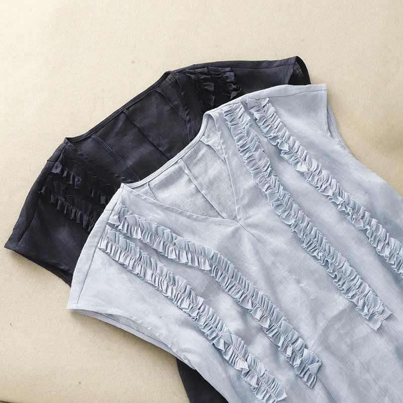 Buddha Stones Lässiges, ärmelloses Damen-Tanktop mit V-Ausschnitt, vertikalen Rüschenfalten und sommerlichem Schnitt - image 16