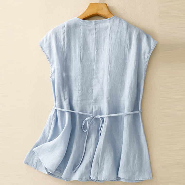 Buddha Stones Lässiges, ärmelloses Damen-Tanktop mit V-Ausschnitt, vertikalen Rüschenfalten und sommerlichem Schnitt - image 1