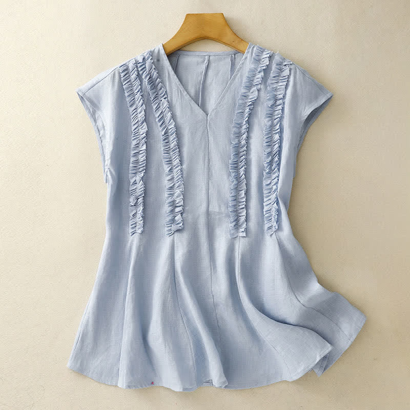 Buddha Stones Lässiges, ärmelloses Damen-Tanktop mit V-Ausschnitt, vertikalen Rüschenfalten und sommerlichem Schnitt - image 0