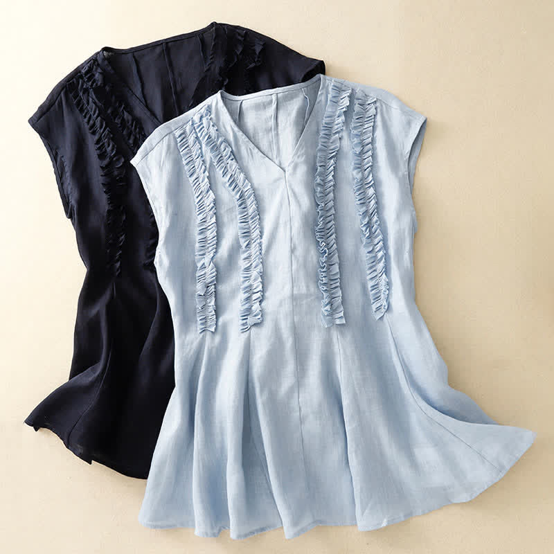 Buddha Stones Lässiges, ärmelloses Damen-Tanktop mit V-Ausschnitt, vertikalen Rüschenfalten und sommerlichem Schnitt - image 15