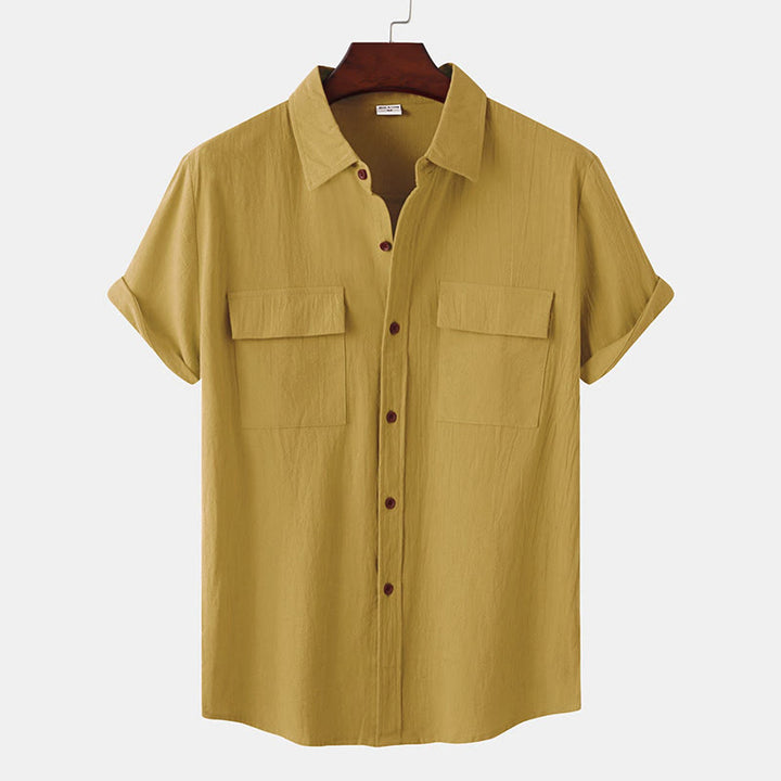Buddha Stones Lässige, einfarbige Herren-Kurzarmhemden mit Ziertaschen - Sattelbraun - US/UK/AU46, EU56 (3XL) - image 0