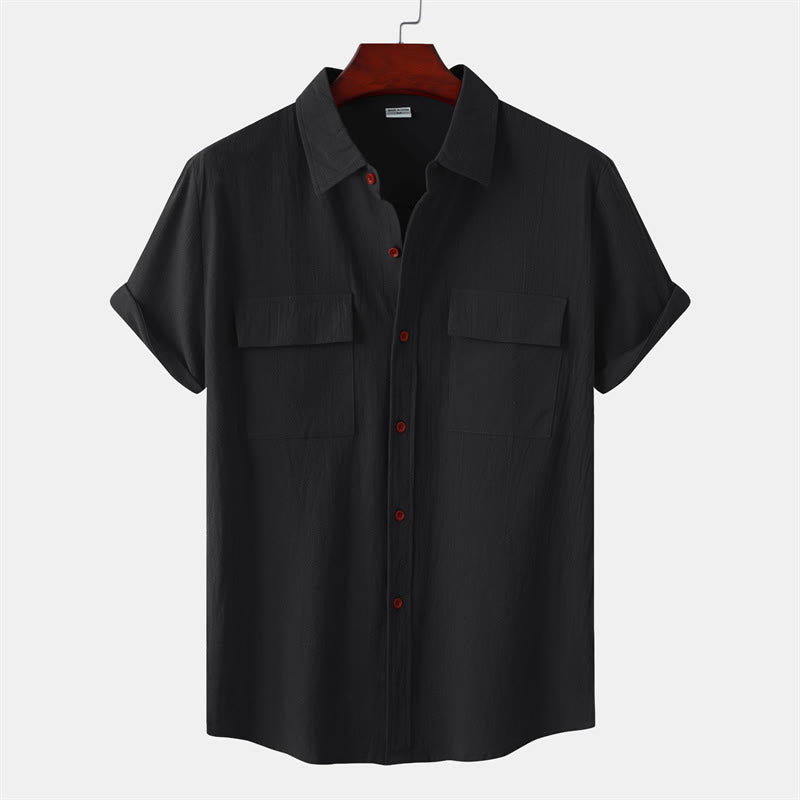 Buddha Stones Lässige, einfarbige Herren-Kurzarmhemden mit Ziertaschen - Schwarz - US/UK/AU46, EU56 (3XL) - image 8