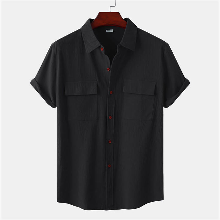 Buddha Stones Lässige, einfarbige Herren-Kurzarmhemden mit Ziertaschen - Schwarz - US/UK/AU46, EU56 (3XL) - image 8