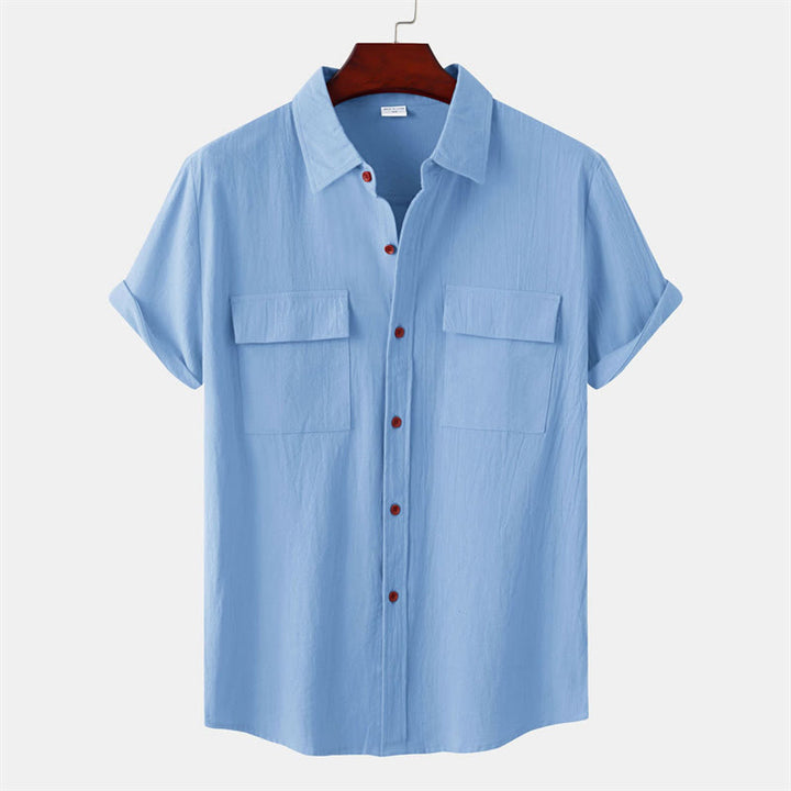 Buddha Stones Lässige, einfarbige Herren-Kurzarmhemden mit Ziertaschen - Hellblau - US/UK/AU46, EU56 (3XL) - image 15