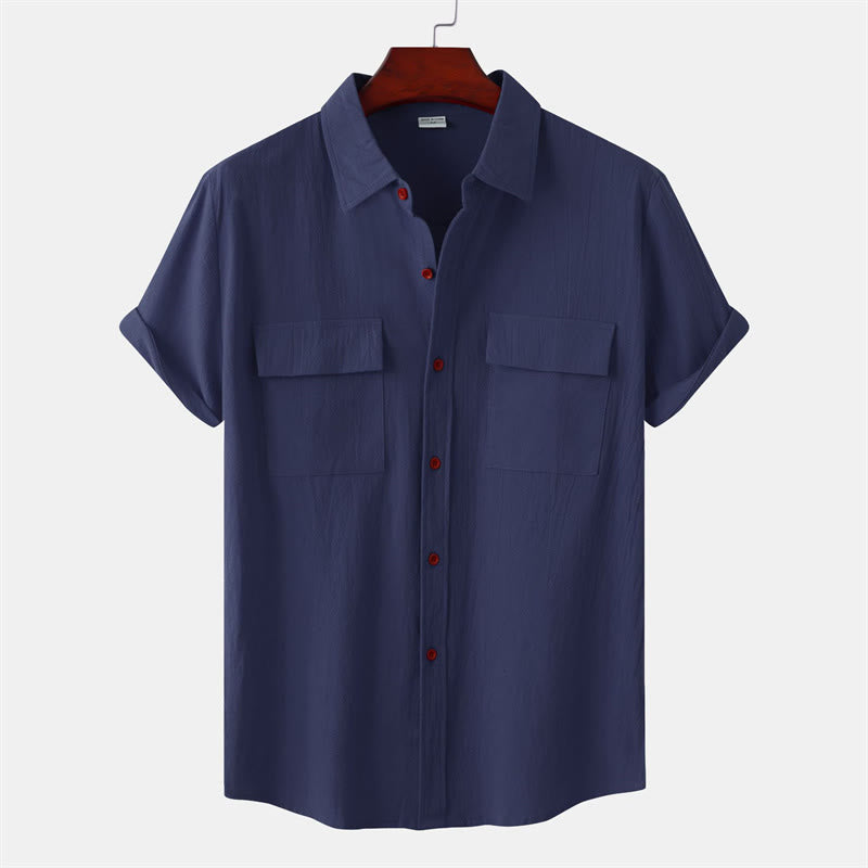 Buddha Stones Lässige, einfarbige Herren-Kurzarmhemden mit Ziertaschen - Mitternachtsblau - US/UK/AU46, EU56 (3XL) - image 22