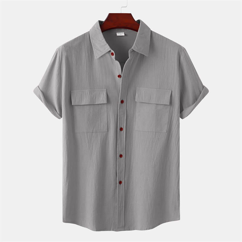 Buddha Stones Lässige, einfarbige Herren-Kurzarmhemden mit Ziertaschen - Hellgrau - US/UK/AU46, EU56 (3XL) - image 36