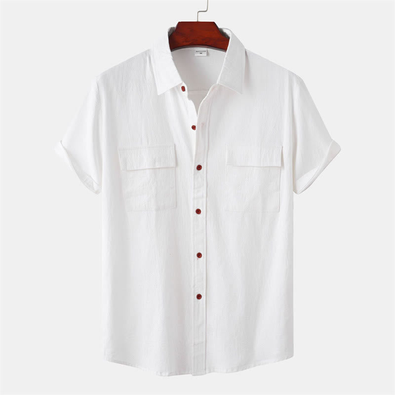 Buddha Stones Lässige, einfarbige Herren-Kurzarmhemden mit Ziertaschen - Weiß - US/UK/AU46, EU56 (3XL) - image 78