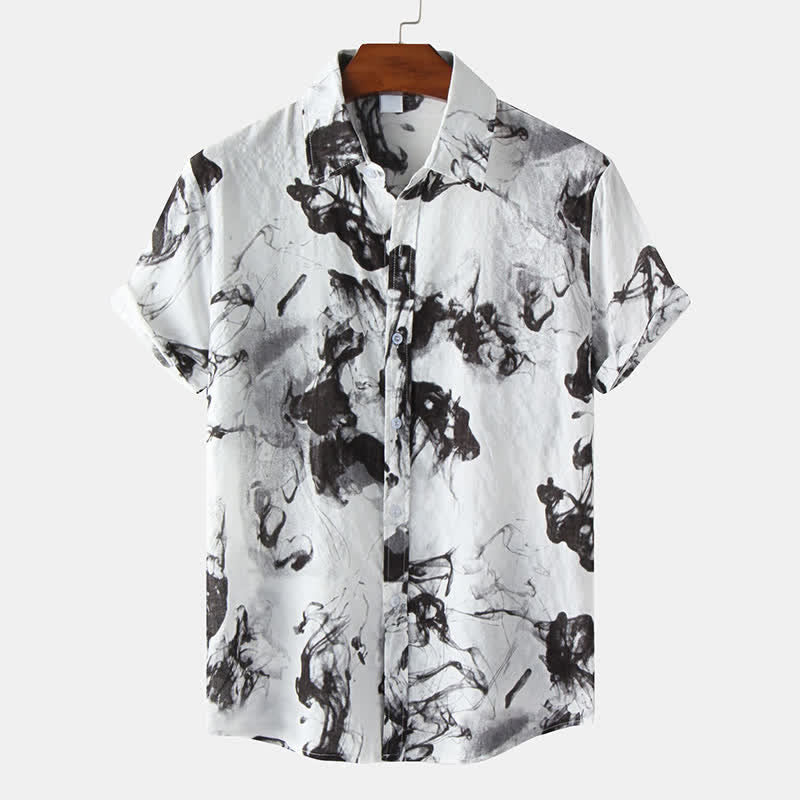 Buddha Stones Lässiges Sommerhemd mit Knopfleiste und Tintenmuster für Herren, Kurzarm - Schwarz - US/UK/AU46, EU56 (3XL) - image 0