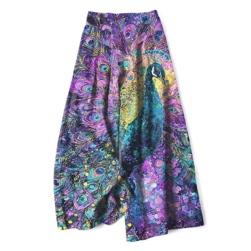 Buddha Stones Damenhose aus Baumwoll-Leinen-Mischgewebe mit Pfauenfedermuster, elastischem Bund, weitem Bein und Taschen - Blauviolett - US16, UK/AU20, EU48 (3XL) - image 0