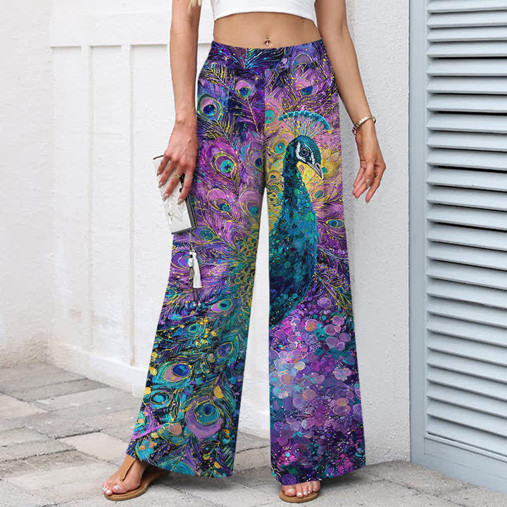 Buddha Stones Damenhose aus Baumwoll-Leinen-Mischgewebe mit Pfauenfedermuster, elastischem Bund, weitem Bein und Taschen - image 1