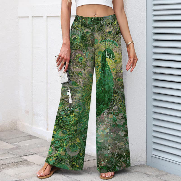 Buddha Stones Damenhose aus Baumwoll-Leinen-Mischgewebe mit Pfauenfedermuster, elastischem Bund, weitem Bein und Taschen - image 5