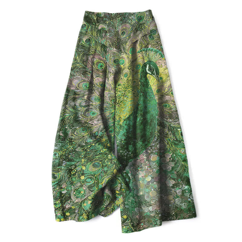 Buddha Stones Damenhose aus Baumwoll-Leinen-Mischgewebe mit Pfauenfedermuster, elastischem Bund, weitem Bein und Taschen - Waldgrün - US16, UK/AU20, EU48 (3XL) - image 4