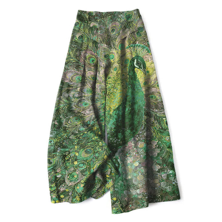 Buddha Stones Damenhose aus Baumwoll-Leinen-Mischgewebe mit Pfauenfedermuster, elastischem Bund, weitem Bein und Taschen - Waldgrün - US16, UK/AU20, EU48 (3XL) - image 4