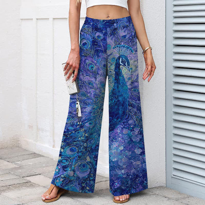 Buddha Stones Damenhose aus Baumwoll-Leinen-Mischgewebe mit Pfauenfedermuster, elastischem Bund, weitem Bein und Taschen - image 7