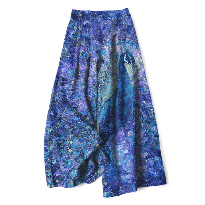 Buddha Stones Damenhose aus Baumwoll-Leinen-Mischgewebe mit Pfauenfedermuster, elastischem Bund, weitem Bein und Taschen - Königsblau - US16, UK/AU20, EU48 (3XL) - image 6