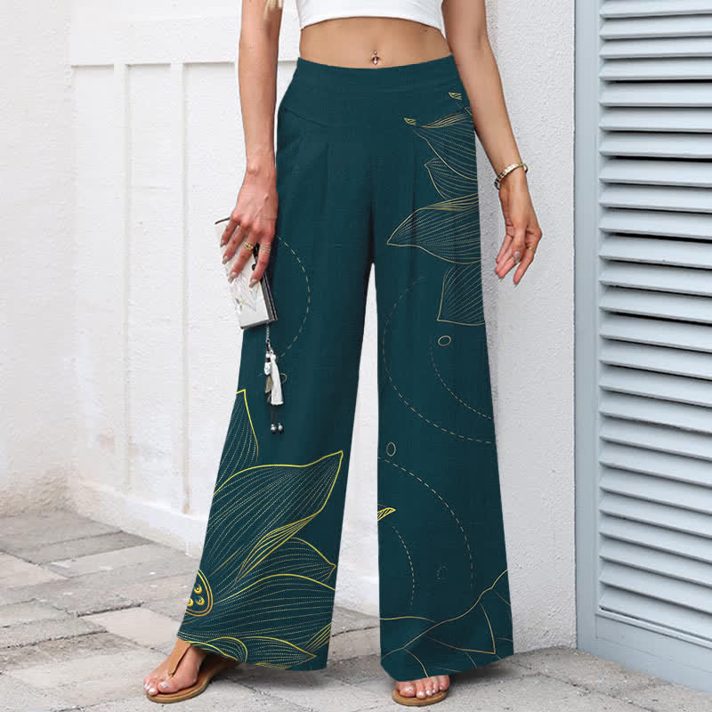 Buddha Stones Baumwoll-Leinen-Hose mit Lotus-Linienmuster, elastischem Bund, weitem Bein und Taschen - image 1