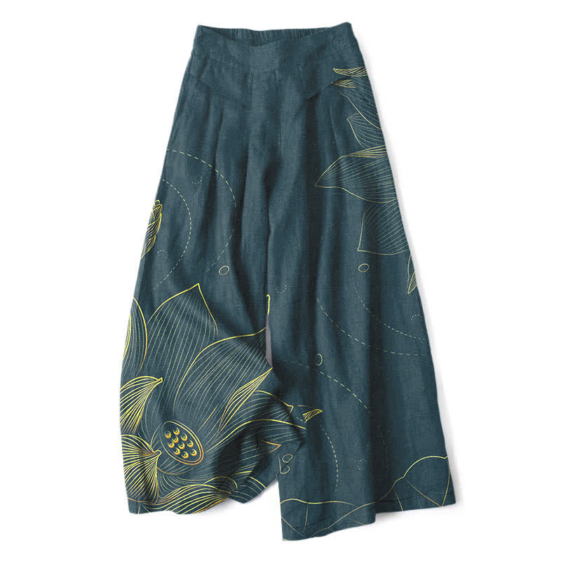 Buddha Stones Baumwoll-Leinen-Hose mit Lotus-Linienmuster, elastischem Bund, weitem Bein und Taschen - Türkis - US16, UK/AU20, EU48 (3XL) - image 0