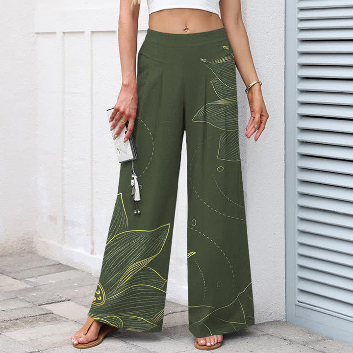 Buddha Stones Baumwoll-Leinen-Hose mit Lotus-Linienmuster, elastischem Bund, weitem Bein und Taschen - image 5