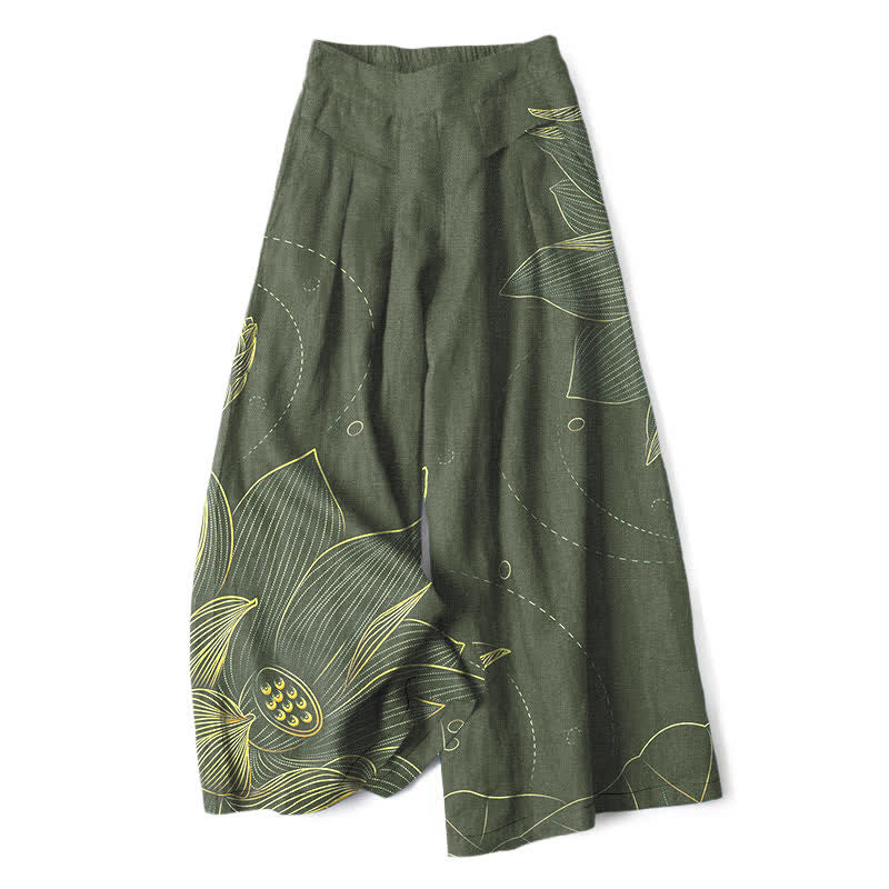 Buddha Stones Baumwoll-Leinen-Hose mit Lotus-Linienmuster, elastischem Bund, weitem Bein und Taschen - Dunkelolivgrün - US16, UK/AU20, EU48 (3XL) - image 4