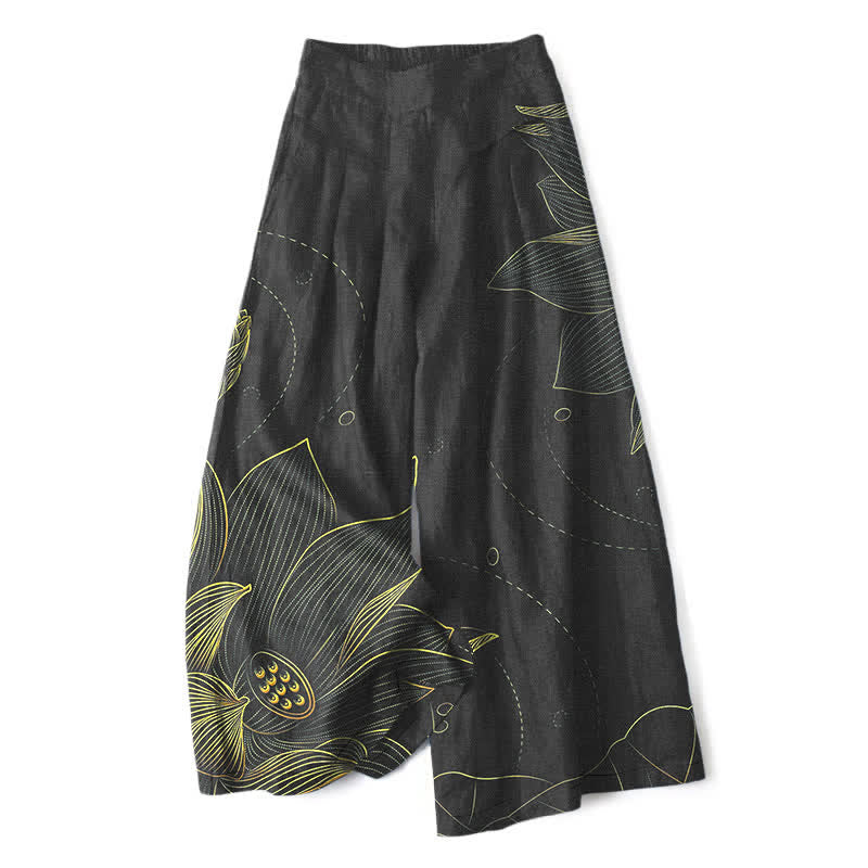 Buddha Stones Baumwoll-Leinen-Hose mit Lotus-Linienmuster, elastischem Bund, weitem Bein und Taschen - Schwarz - US16, UK/AU20, EU48 (3XL) - image 6