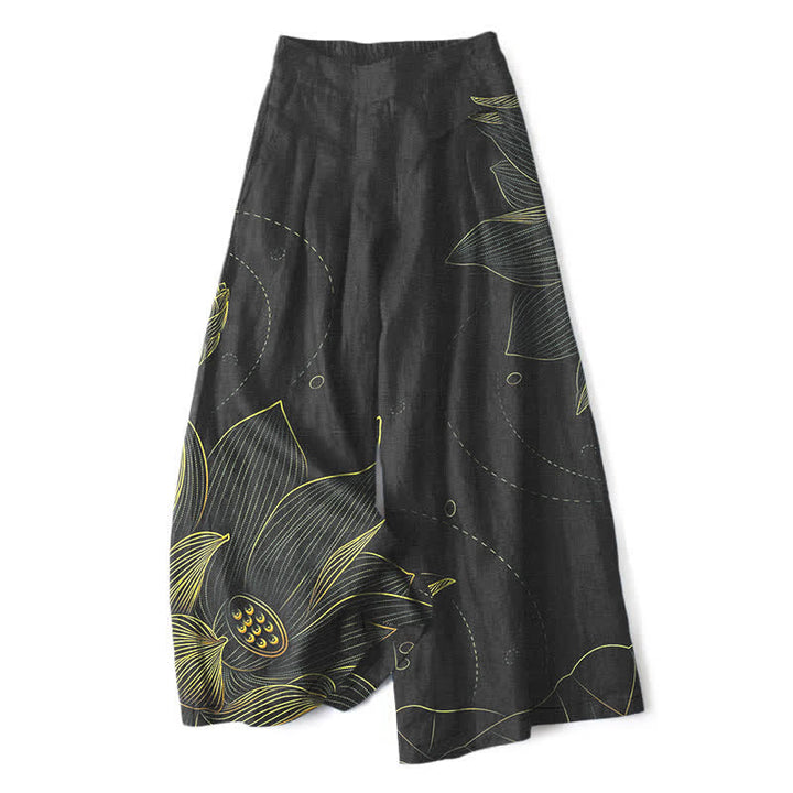 Buddha Stones Baumwoll-Leinen-Hose mit Lotus-Linienmuster, elastischem Bund, weitem Bein und Taschen - Schwarz - US16, UK/AU20, EU48 (3XL) - image 6