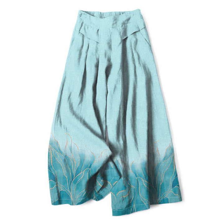 Buddha Stones Damenhose aus Baumwoll-Leinen-Mischgewebe mit Farbverlauf und Blattmuster, elastischem Bund, weitem Bein und Taschen - Helltürkis - US16, UK/AU20, EU48 (3XL) - image 0