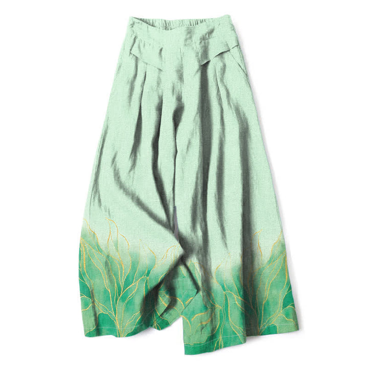 Buddha Stones Damenhose aus Baumwoll-Leinen-Mischgewebe mit Farbverlauf und Blattmuster, elastischem Bund, weitem Bein und Taschen - Hellgrün - US16, UK/AU20, EU48 (3XL) - image 4