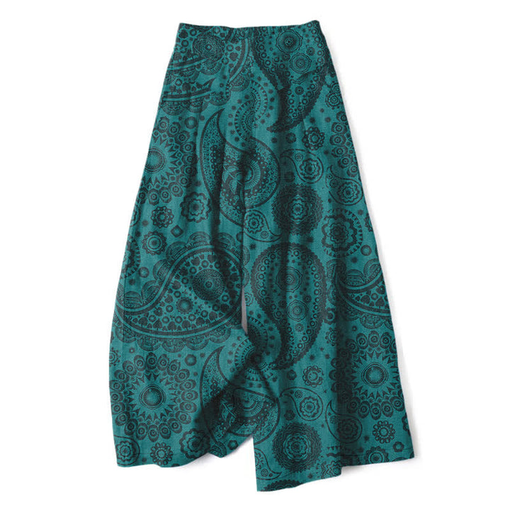 Buddha Stones Damenhose mit weitem Bein, elastischem Bund und Taschen, aus Baumwoll-Leinen-Mischgewebe im Boho-Stil mit Paisley-Muster. - Türkis - US16, UK/AU20, EU48 (3XL) - image 0