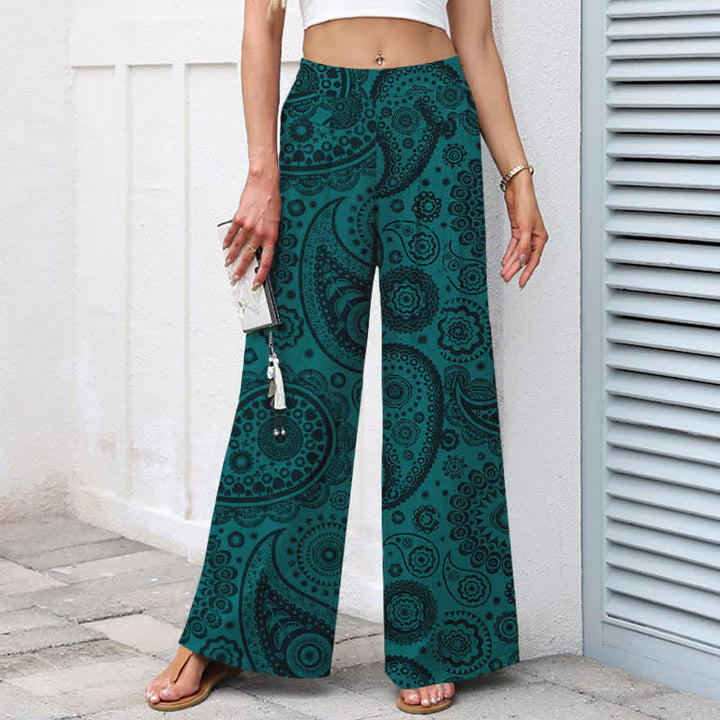 Buddha Stones Damenhose mit weitem Bein, elastischem Bund und Taschen, aus Baumwoll-Leinen-Mischgewebe im Boho-Stil mit Paisley-Muster. - image 1