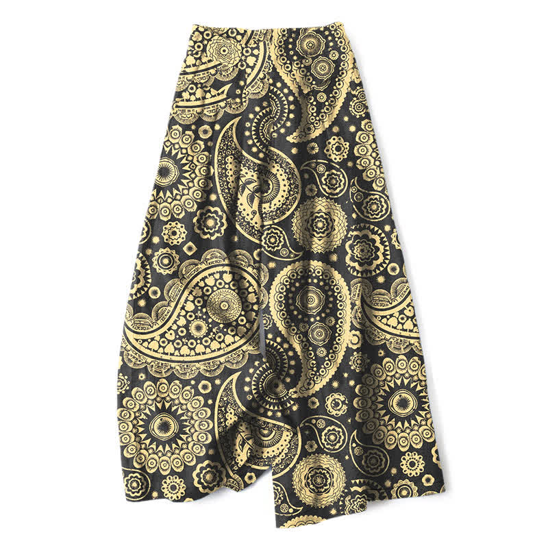 Buddha Stones Damenhose mit weitem Bein, elastischem Bund und Taschen, aus Baumwoll-Leinen-Mischgewebe im Boho-Stil mit Paisley-Muster. - Dunkelkhaki - US16, UK/AU20, EU48 (3XL) - image 4