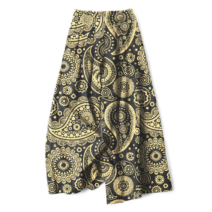 Buddha Stones Damenhose mit weitem Bein, elastischem Bund und Taschen, aus Baumwoll-Leinen-Mischgewebe im Boho-Stil mit Paisley-Muster. - Dunkelkhaki - US16, UK/AU20, EU48 (3XL) - image 4