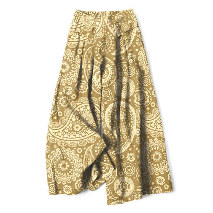 Buddha Stones Damenhose mit weitem Bein, elastischem Bund und Taschen, aus Baumwoll-Leinen-Mischgewebe im Boho-Stil mit Paisley-Muster. - Khaki - US16, UK/AU20, EU48 (3XL) - image 6