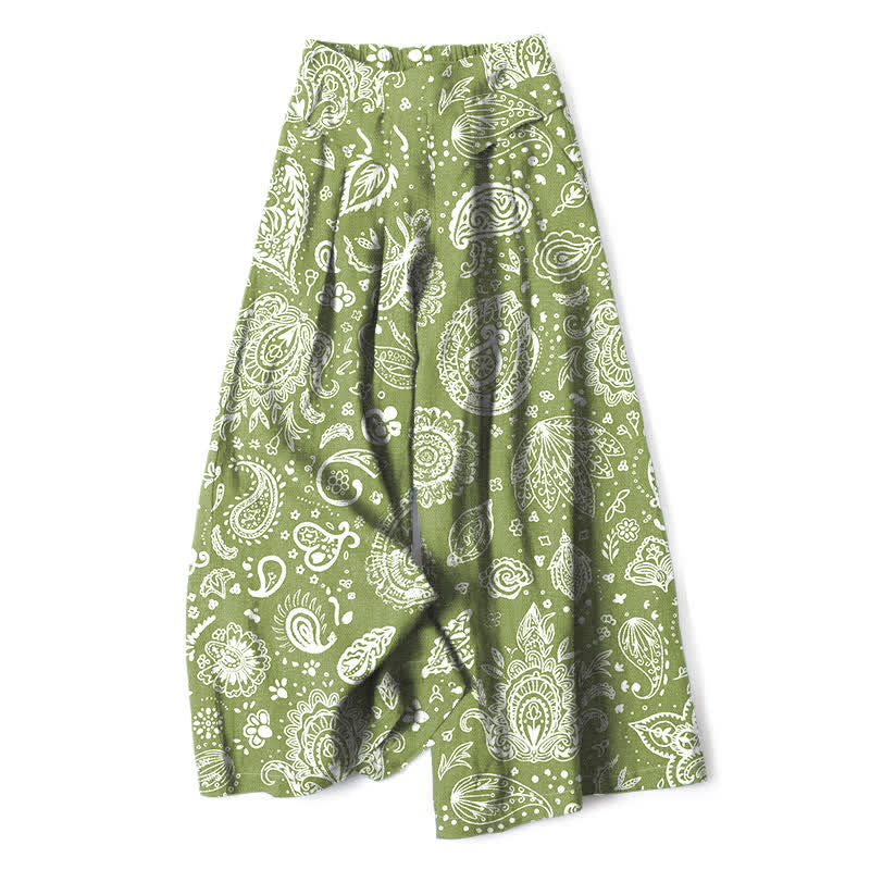 Buddha Stones Damenhose mit weitem Bein, elastischem Bund und Taschen, aus Baumwoll-Leinen-Mischgewebe mit olivgrünem Paisley-Muster - Olivgrün - US16, UK/AU20, EU48 (3XL) - image 0