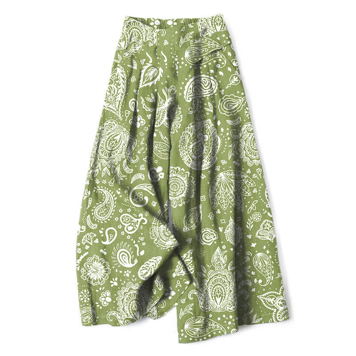 Buddha Stones Damenhose mit weitem Bein, elastischem Bund und Taschen, aus Baumwoll-Leinen-Mischgewebe mit olivgrünem Paisley-Muster - Olivgrün - US16, UK/AU20, EU48 (3XL) - image 0
