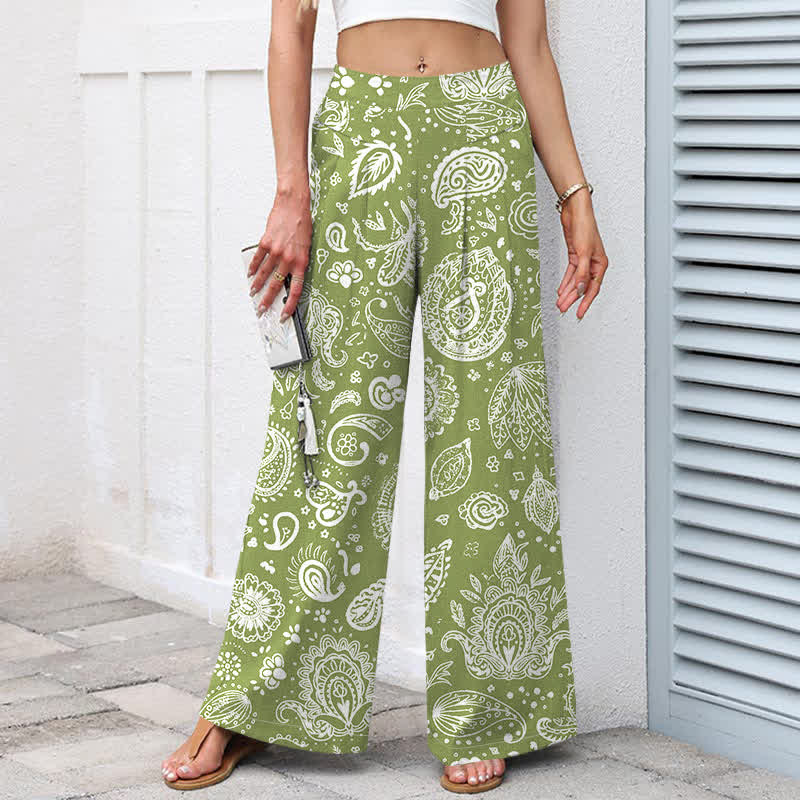 Buddha Stones Damenhose mit weitem Bein, elastischem Bund und Taschen, aus Baumwoll-Leinen-Mischgewebe mit olivgrünem Paisley-Muster - image 1