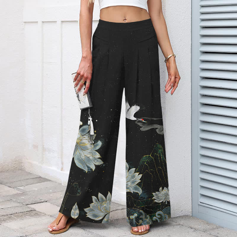 Buddha Stones Baumwoll-Leinen-Hose mit Lotus-Kranich-Muster, elastischem Bund, weitem Bein und Taschen - image 1