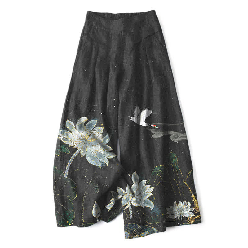 Buddha Stones Baumwoll-Leinen-Hose mit Lotus-Kranich-Muster, elastischem Bund, weitem Bein und Taschen - Schwarz - US16, UK/AU20, EU48 (3XL) - image 0