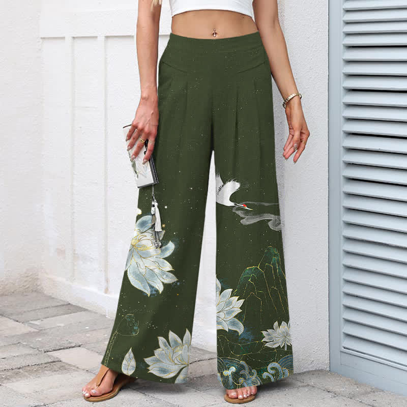 Buddha Stones Baumwoll-Leinen-Hose mit Lotus-Kranich-Muster, elastischem Bund, weitem Bein und Taschen - image 5