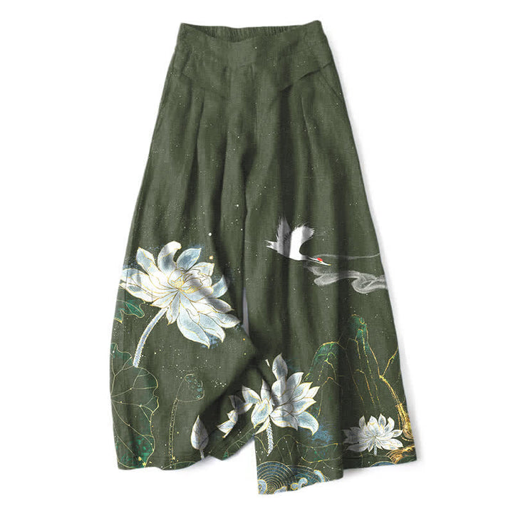 Buddha Stones Baumwoll-Leinen-Hose mit Lotus-Kranich-Muster, elastischem Bund, weitem Bein und Taschen - Dunkelolivgrün - US16, UK/AU20, EU48 (3XL) - image 4