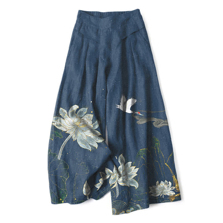 Buddha Stones Baumwoll-Leinen-Hose mit Lotus-Kranich-Muster, elastischem Bund, weitem Bein und Taschen - Türkis - US16, UK/AU20, EU48 (3XL) - image 6