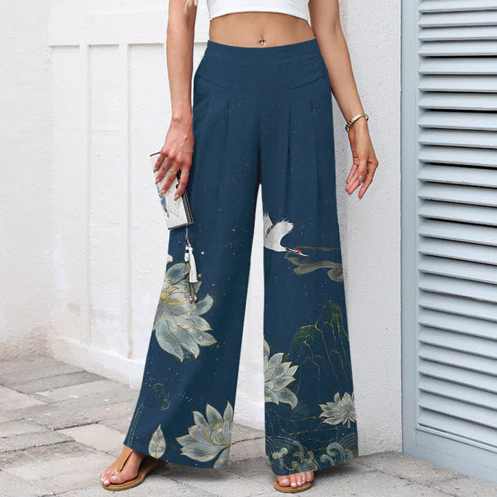 Buddha Stones Baumwoll-Leinen-Hose mit Lotus-Kranich-Muster, elastischem Bund, weitem Bein und Taschen - image 7