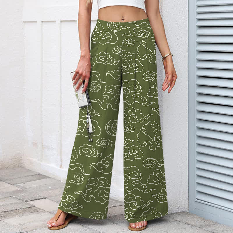 Buddha Stones Damenhose mit weitem Bein, elastischem Bund und Taschen, Baumwoll-Leinen-Mischgewebe mit Wolkenmuster - image 5