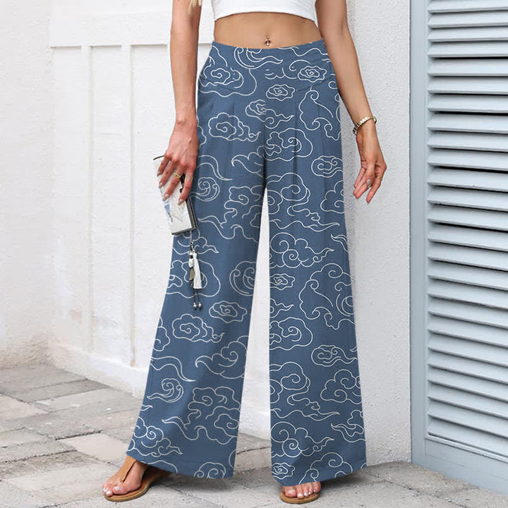 Buddha Stones Damenhose mit weitem Bein, elastischem Bund und Taschen, Baumwoll-Leinen-Mischgewebe mit Wolkenmuster - image 7