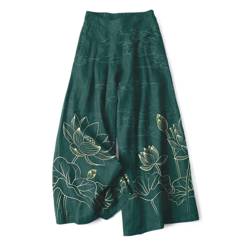 Buddha Stones Baumwoll-Leinen-Hose mit Lotus-Linienmuster, elastischem Bund, weitem Bein und Taschen - Waldgrün - US16, UK/AU20, EU48 (3XL) - image 0
