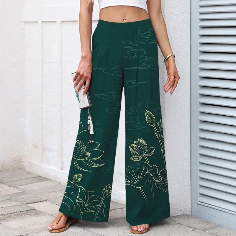 Buddha Stones Baumwoll-Leinen-Hose mit Lotus-Linienmuster, elastischem Bund, weitem Bein und Taschen - image 1