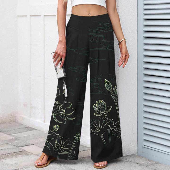 Buddha Stones Baumwoll-Leinen-Hose mit Lotus-Linienmuster, elastischem Bund, weitem Bein und Taschen - image 5