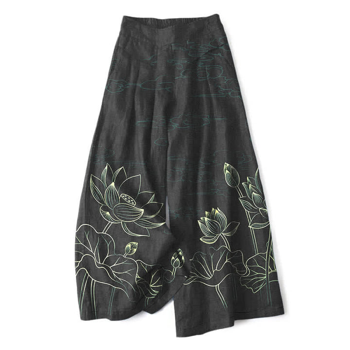 Buddha Stones Baumwoll-Leinen-Hose mit Lotus-Linienmuster, elastischem Bund, weitem Bein und Taschen - Schwarz - US16, UK/AU20, EU48 (3XL) - image 4
