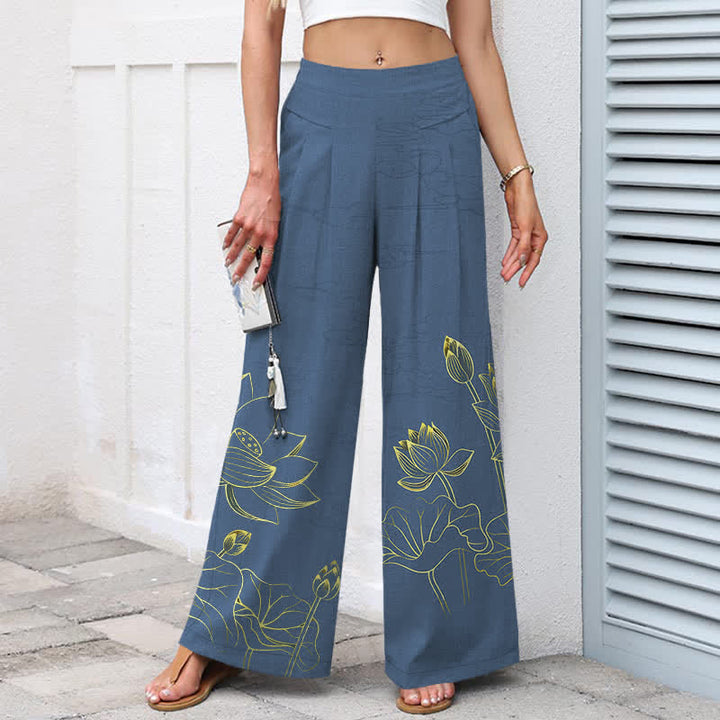 Buddha Stones Baumwoll-Leinen-Hose mit Lotus-Linienmuster, elastischem Bund, weitem Bein und Taschen - image 7