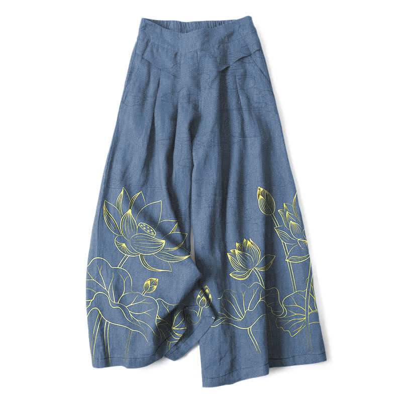 Buddha Stones Baumwoll-Leinen-Hose mit Lotus-Linienmuster, elastischem Bund, weitem Bein und Taschen - SteelBlue - US16, UK/AU20, EU48 (3XL) - image 6