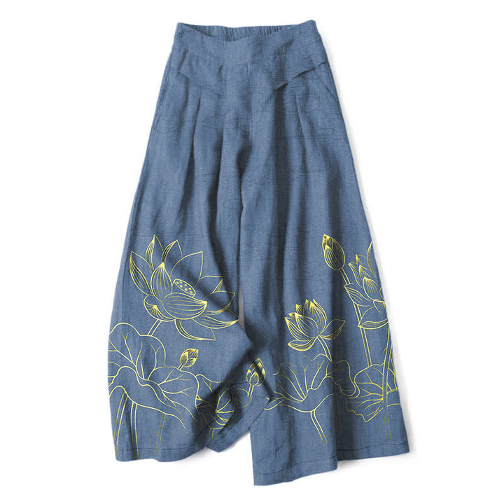 Buddha Stones Baumwoll-Leinen-Hose mit Lotus-Linienmuster, elastischem Bund, weitem Bein und Taschen - SteelBlue - US16, UK/AU20, EU48 (3XL) - image 6